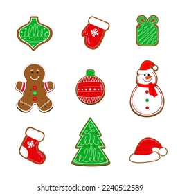 Christmas and New Year set with Snowman, Christmas tree, gift box, santa hat, gingerman, ball. Collection of holiday gingerbread symbols. Vector illustration on white background. 