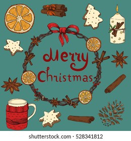 Christmas / New Year set with spices, cookies, oranges etc.