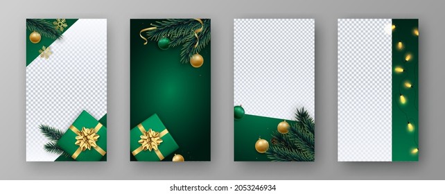 Christmas and New Year set stories vector template for social media. Realistic decorative elements - 3D christmas balls, garlands, branches, snowflakes and gifts.