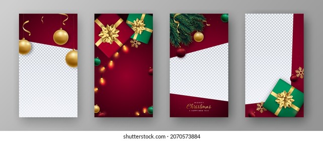 Christmas and New Year set template for social media. Xmas decorative realistic elements. Christmas vertical banner.