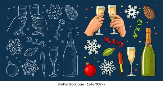 Christmas and New Year set. Toy, serpentine, rocket, snowflake, pine cone, champagne bottle. Female and male hands clinking two glasses. Vector vintage color engraving isolated on dark blue