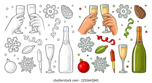 Christmas and New Year set. Toy, serpentine, rocket, snowflake, pine cone, champagne bottle. Female and male hands clinking two glasses. Vector vintage color engraving illustration isolated on white
