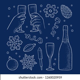 Christmas and New Year set. Toy, serpentine, rocket, snowflake, pine cone, champagne bottle. Female and male hands clinking two glasses. Vector vintage white engraving illustration isolated on blue