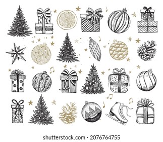 Christmas and New Year set, tree, toys. Hand drawn illustration.	