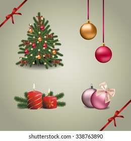 Christmas and new year set with Christmas tree, balls, candles and fir-tree branches
