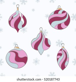 Christmas and New Year set. New year tree decorations in bright colors on the light snowflakes background.
