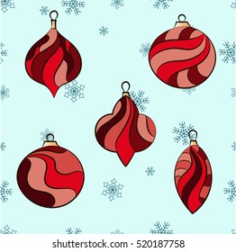 Christmas and New Year set. New year tree decorations in bright colors on the light snowflakes background.
