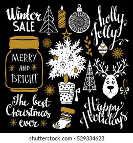 Christmas and New Year set. Tree, stocking, balls, snowflakes, reindeer, burning candle, glass jar, sugar cane,  hand drawn isolated on black background. Handwritten font