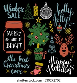 Christmas and New Year set. Tree, stocking, balls, snowflakes, reindeer, burning candle, glass jar, sugar cane,  hand drawn isolated on black background. Handwritten font. Vector design