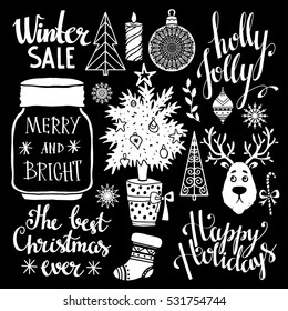 Christmas and New Year set. Tree, stocking, balls, snowflakes, reindeer, burning candle, glass jar, sugar cane,  hand drawn isolated on black background. Handwritten font