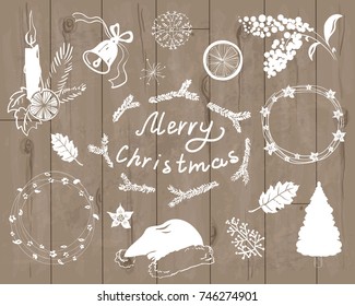 Christmas and New Year set. Tree, snowflake,  burning candle, wreaths, bell, cap,many details, hand drawn isolated on wooden texture background in vector