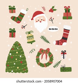 Christmas and New Year set. Vector illustration with christmas tree, santa, gifts and socks. Elements in green, red, and white colors. Colorful illustration for winter celebration.