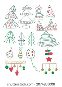 Christmas or new year set. Vector outline doodle colorful design. Doodle icon or clipart set with cute christmas tree and toys 