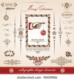 Christmas and New Year. set of vector decorative, calligraphic elements, antique and vintage jewelry, banners, text, separators, with snowflakes and stars design. Santa Claus.