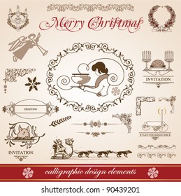 Christmas and New Year. set of vector decorative, calligraphic elements, antique and vintage jewelry, banners, text, separators, with snowflakes and stars design. Christmas dinner.