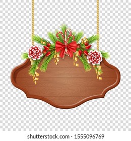 Christmas and New Year sign board. Wooden singboard hanging on ropes with spruce branches and Christmas decorations