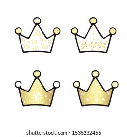 Christmas, New Year signs, symbols . Set of four cute holiday crowns . Cartoon vector isolated illustration. Hand drawing in traditional festive colors.