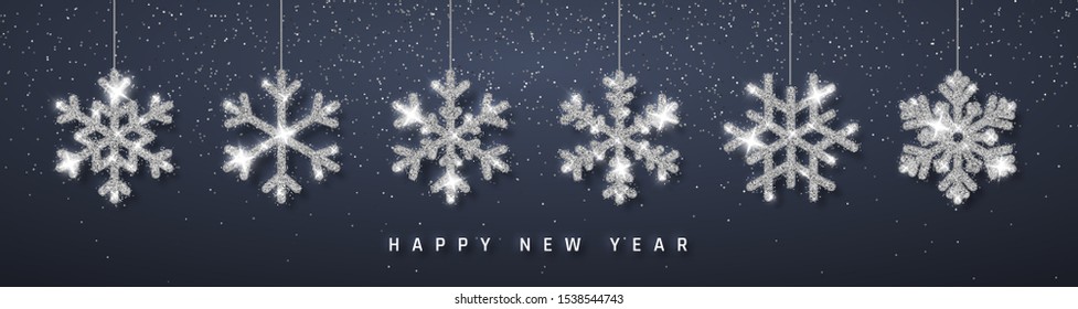 Christmas or New Year silver snowflake decoration garland on dark background. Hanging glitter snowflake. Vector illustration.