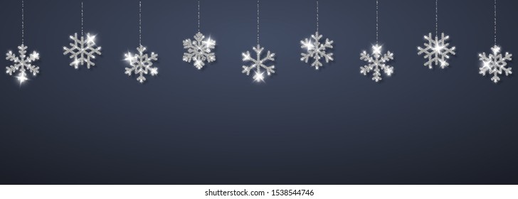 Christmas Or New Year Silver Snowflake Decoration Garland On Dark Background. Hanging Glitter Snowflake. Vector Illustration.