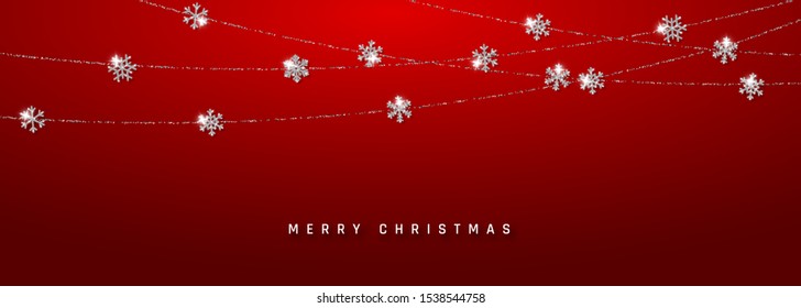 Christmas or New Year silver snowflake decoration garland on red background. Hanging glitter snowflake. Vector illustration.