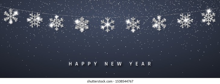 Christmas or New Year silver snowflake decoration garland on dark background. Hanging glitter snowflake. Vector illustration.