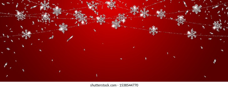 Christmas or New Year silver snowflake decoration garland on red background. Hanging glitter snowflake. Vector illustration.