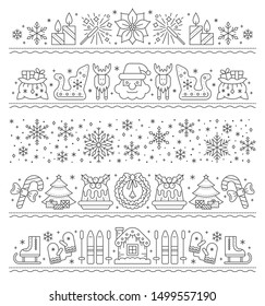Christmas, New year simple line border set. Xmas outline string pattern. Winter holiday stripe design banner. Party garland, card decor, divider, frame, stripe background. Isolated vector illustration