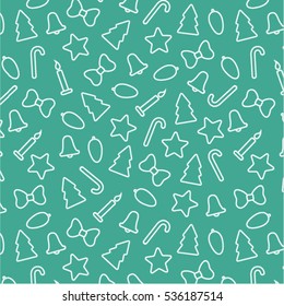 Christmas and New Year simple pattern. Includes: tree, candy, bell, bow, candle, cone. Background can be copied without any seams. Vector texture. 2017.
