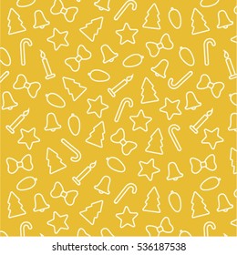 Christmas and New Year simple pattern. Includes: tree, candy, bell, bow, candle, cone. Background can be copied without any seams. Vector texture. 2017.
