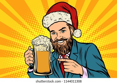 Christmas and New year. Smiling man with a mug of beer foam. Comic cartoon pop art retro vector illustration drawing