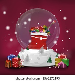 Christmas New Year snow globe with Santa's red bag  and gifts inside on dark red background. Decoration for greeting cards, banners, flyers, posters, patches, emblems. Illustration art vector