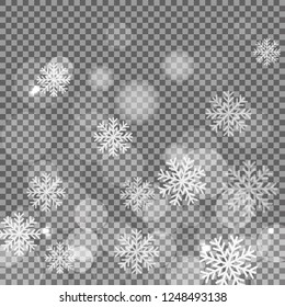 Christmas and New Year snow vector isolated on dark background. Falling snowflake sparkles transparent decoration effect. Vector snow flake pattern. Magic bokeh snowfall texture  backdrop illustration