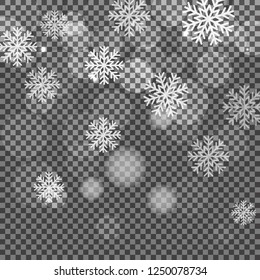 Christmas and New Year snow vector isolated on dark background. Falling snowflake sparkles transparent decoration effect. Vector snow flake pattern. Magic bokeh snowfall texture  backdrop illustration