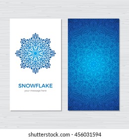 Christmas and New Year snowflake vertical card. Vintage greeting card template. Vector illustration.