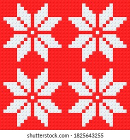 Christmas and New Year Snowflakes. Red and white pixel pattern in red and white with stylized snowflakes.