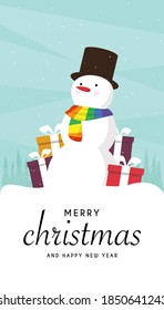 Christmas and New Year. Snowman in a scarf. LGBT colors. LGBT scarf. Christmas and New Year in the LGBT community. Vector illustration.