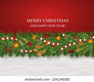 Christmas and New Year snowy background decorated garland and border of realistic looking Christmas tree branches decorated with Berries, stars and Gingerbread cookies, beads. Vector illustration.