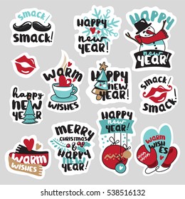 Christmas and New Year social media stickers set. Isolated vector illustrations for social media communication, networking, website badges, greeting cards.  