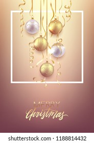 Christmas and New Year soft background design, decorative balls with shiny lights and confetti, vector illustration