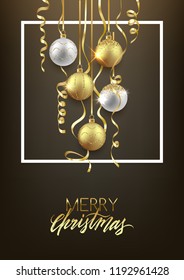 Christmas and New Year soft background design, decorative gold balls with confetti, vector illustration