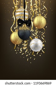 Christmas and New Year soft background design, decorative gold balls with confetti, vector illustration