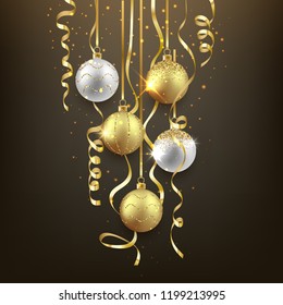 Christmas and New Year soft background design, decorative gold balls with confetti, vector illustration
