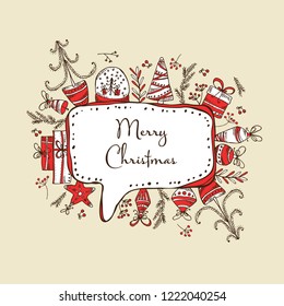Christmas and New Year speech bubble with Christmas decorations and present. Vector hand drawn illustra