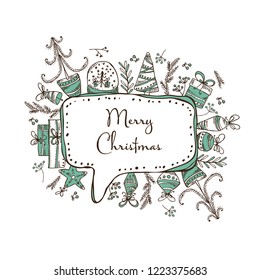 Christmas and New Year speech bubble with Christmas decorations and present. Vector hand drawn illustra