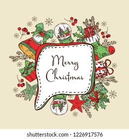 Christmas and New Year speech bubble with Christmas decorations and present. Vector hand drawn illustration