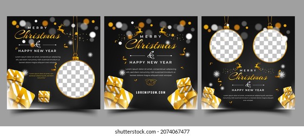 Christmas And New Year Square Banner Template Design Collection. Editable Modern Banner With Place For The Photo. Usable For Social Media Post, Greeting Card, Banner, Flyer, And Website.