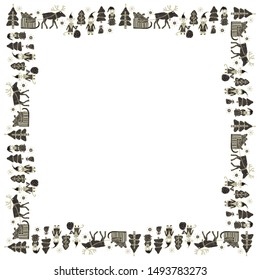 Christmas and New Year square frame template from deer pulled in a sleigh with gifts, Santa Claus, rats, Christmas trees and snowflakes drawn by hand on a white background. Scandinavian style. Vector.