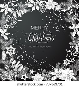 Christmas, New Year, square postcard, hand drawing,Christmas tree, spruce, serpentine, mistletoe, biscuit, holly