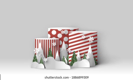 Christmas and New Year stage podium scene with blank space. Christmas mockup scene. Merry Christmas. paper cut and craft style. vector, illustration.