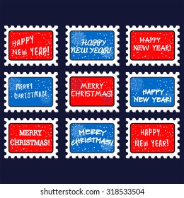 Christmas and new year stamp and postmark. Xmas stamps. on dark-blue background. Vector illustration